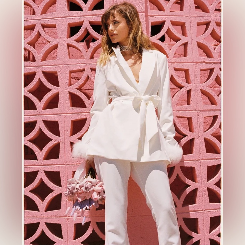NWT! Nasty Gal White Belted Blazer with Feather Cuffs